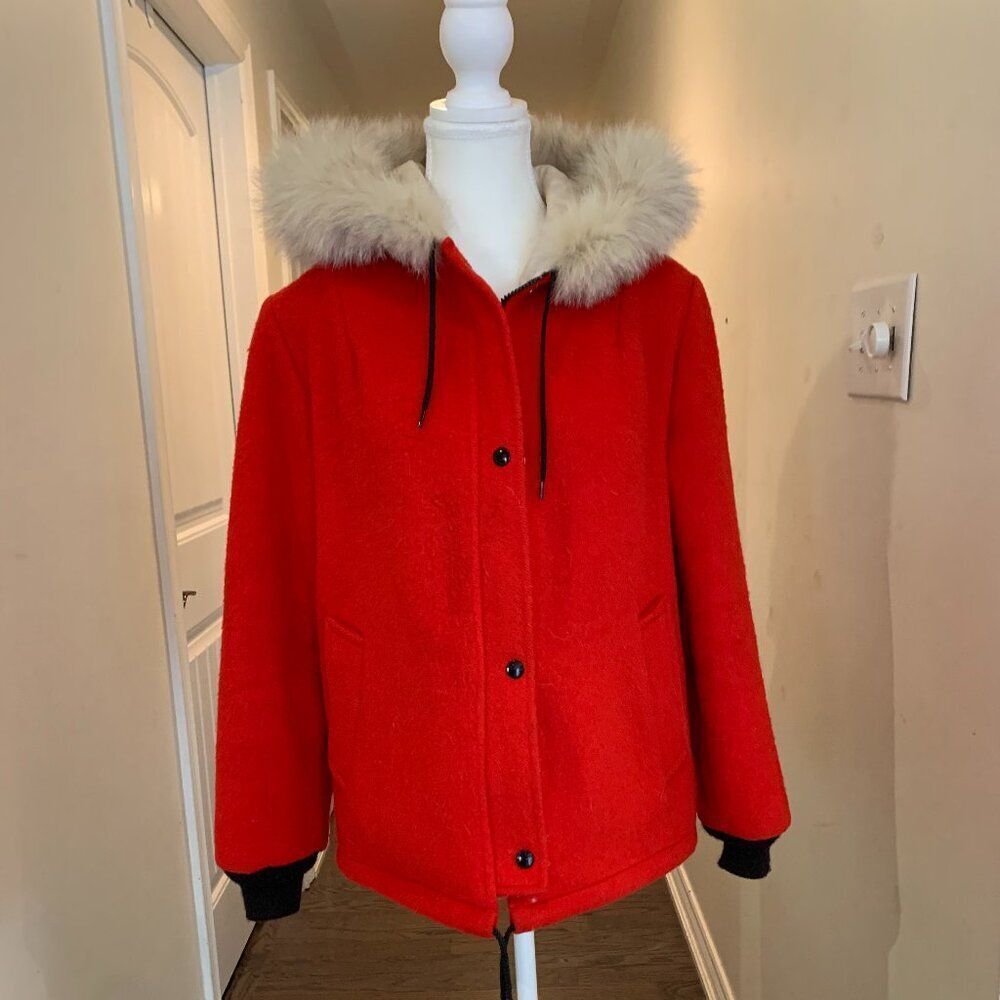REDUCED Hudsons Bay vintage red wool, silver fox trimmed hooded jacket, medium